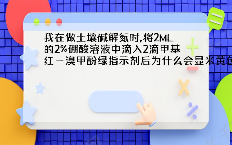 我在做土壤碱解氮时,将2ML的2%硼酸溶液中滴入2滴甲基红—溴甲酚绿指示剂后为什么会显米黄色而不是酒红色