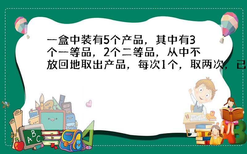 一盒中装有5个产品，其中有3个一等品，2个二等品，从中不放回地取出产品，每次1个，取两次，已知第二次取得一等品的条件下，