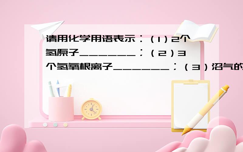 请用化学用语表示：（1）2个氢原子______；（2）3个氢氧根离子______；（3）沼气的主要成分______．