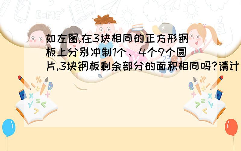 如左图,在3块相同的正方形钢板上分别冲制1个、4个9个圆片,3块钢板剩余部分的面积相同吗?请计算并说明理由. 