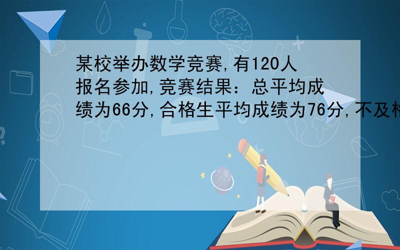 某校举办数学竞赛,有120人报名参加,竞赛结果：总平均成绩为66分,合格生平均成绩为76分,不及格生平均成绩为52分,则