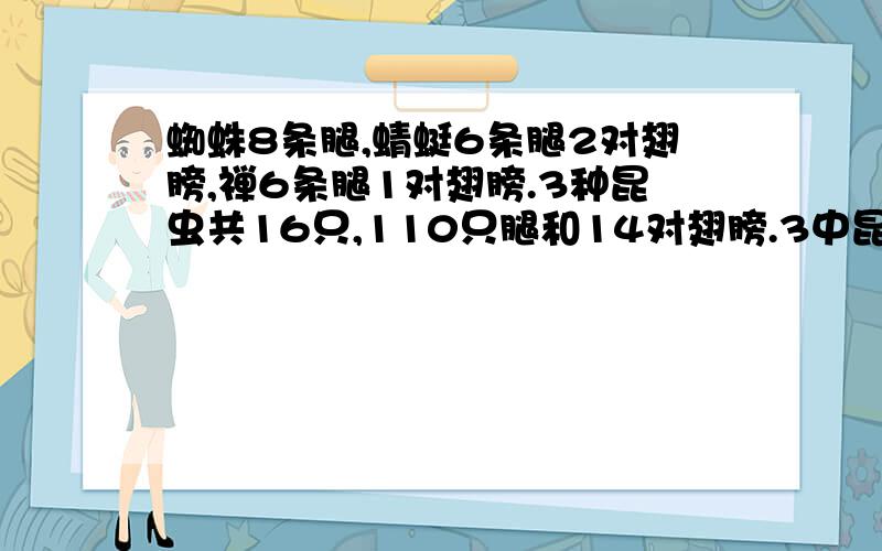 蜘蛛8条腿,蜻蜓6条腿2对翅膀,禅6条腿1对翅膀.3种昆虫共16只,110只腿和14对翅膀.3中昆虫各多少只?