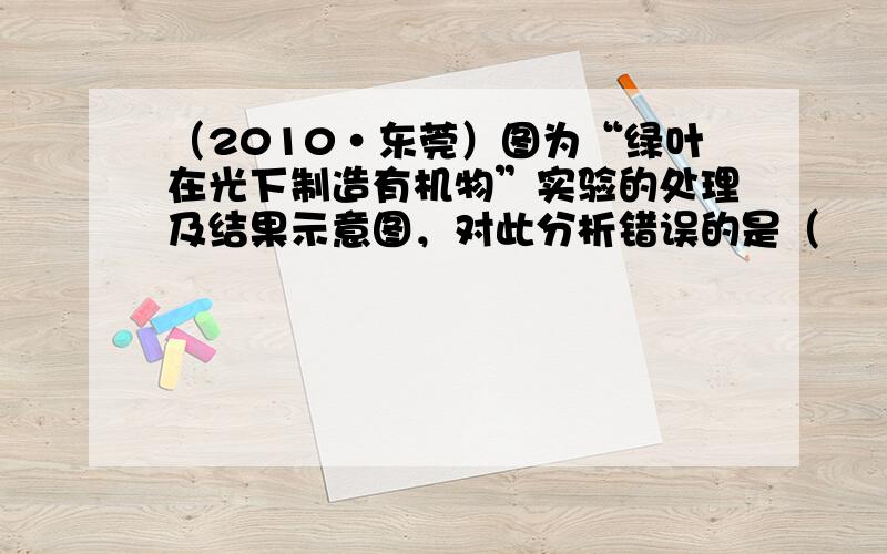 （2010•东莞）图为“绿叶在光下制造有机物”实验的处理及结果示意图，对此分析错误的是（　　）