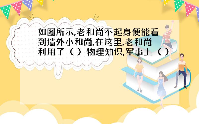 如图所示,老和尚不起身便能看到墙外小和尚,在这里,老和尚利用了（ ）物理知识,军事上（ ）