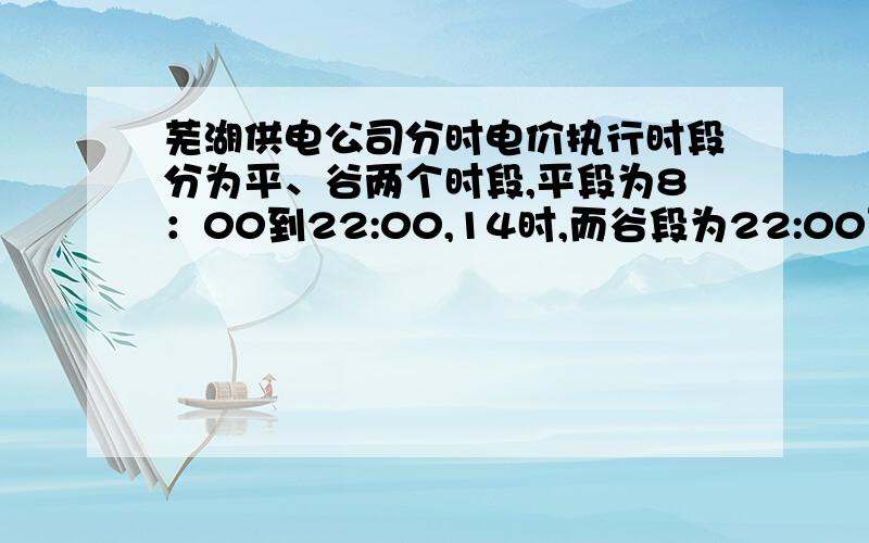 芜湖供电公司分时电价执行时段分为平、谷两个时段,平段为8：00到22:00,14时,而谷段为22:00到次日8:00,1