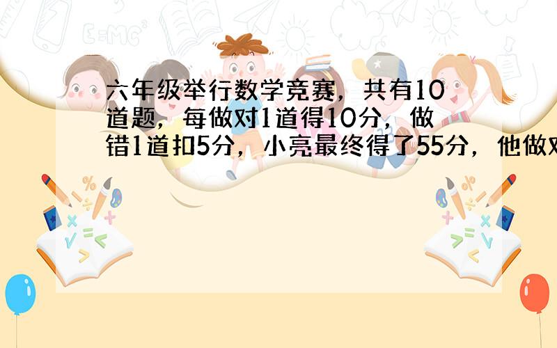 六年级举行数学竞赛，共有10道题，每做对1道得10分，做错1道扣5分，小亮最终得了55分，他做对了几道题？