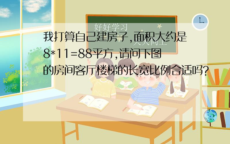 我打算自己建房子,面积大约是8*11=88平方,请问下图的房间客厅楼梯的长宽比例合适吗?