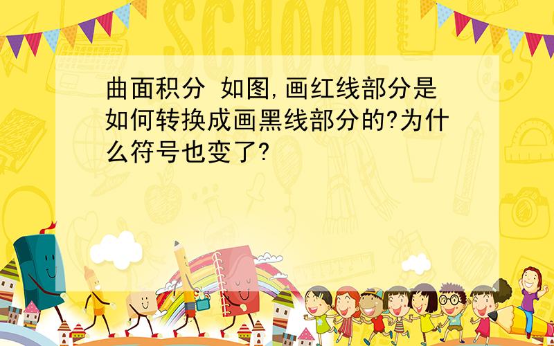 曲面积分 如图,画红线部分是如何转换成画黑线部分的?为什么符号也变了?