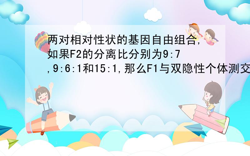 两对相对性状的基因自由组合,如果F2的分离比分别为9:7,9:6:1和15:1,那么F1与双隐性个体测交,得到的分离比是