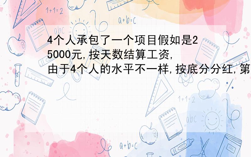 4个人承包了一个项目假如是25000元,按天数结算工资,由于4个人的水平不一样,按底分分红,第一个人10分,第2个9分,