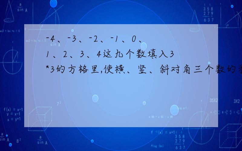 -4、-3、-2、-1、0、1、2、3、4这九个数填入3*3的方格里,使横、竖、斜对角三个数的和都