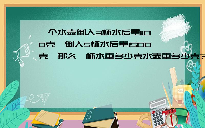 一个水壶倒入3杯水后重1100克,倒入5杯水后重1500克,那么一杯水重多少克水壶重多少克?