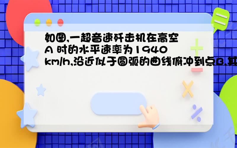 如图,一超音速歼击机在高空 A 时的水平速率为1940 km/h,沿近似于圆弧的曲线俯冲到点B,其速率为2192 km/