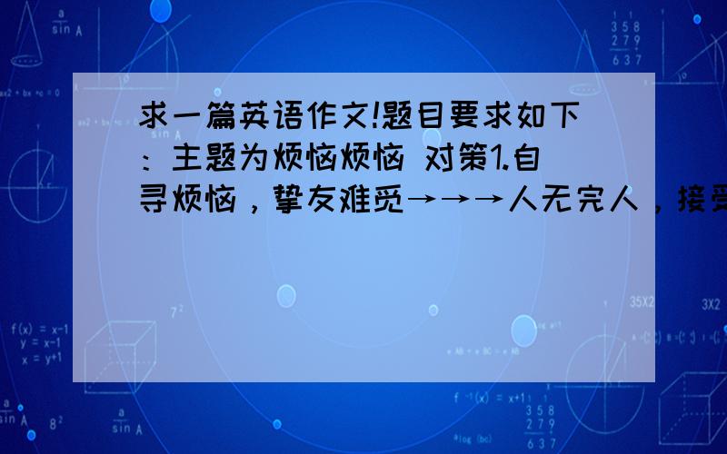 求一篇英语作文!题目要求如下：主题为烦恼烦恼 对策1.自寻烦恼，挚友难觅→→→人无完人，接受别人的过错与优点，2.室友吵