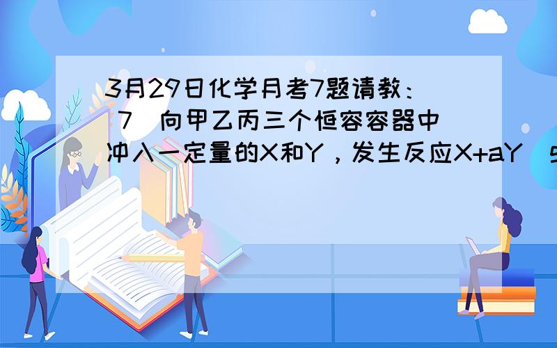 3月29日化学月考7题请教： 7．向甲乙丙三个恒容容器中冲入一定量的X和Y，发生反应X+aY(g)2Z(g)。各容器中温