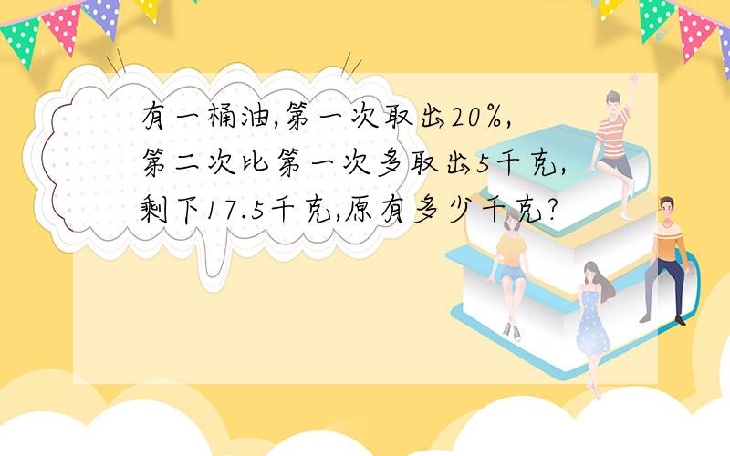 有一桶油,第一次取出20%,第二次比第一次多取出5千克,剩下17.5千克,原有多少千克?