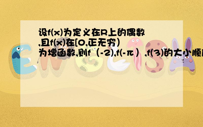 设f(x)为定义在R上的偶数,且f(x)在[0,正无穷）为增函数,则f（-2),f(-π）,f(3)的大小顺序是