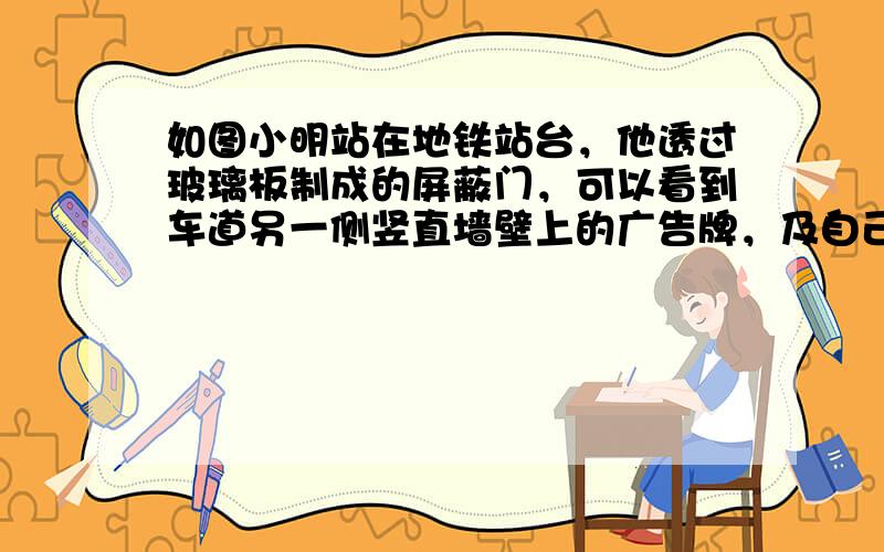 如图小明站在地铁站台，他透过玻璃板制成的屏蔽门，可以看到车道另一侧竖直墙壁上的广告牌，及自己在玻璃屏蔽门后面的虚像．小明