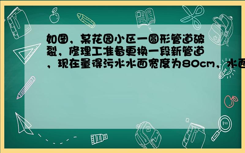 如图，某花园小区一圆形管道破裂，修理工准备更换一段新管道，现在量得污水水面宽度为80cm，水面到管道顶部距离为20cm，