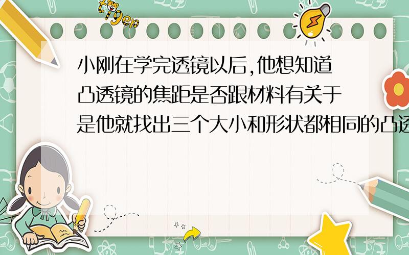 小刚在学完透镜以后,他想知道凸透镜的焦距是否跟材料有关于是他就找出三个大小和形状都相同的凸透镜,其材料分别是由玻璃、水晶