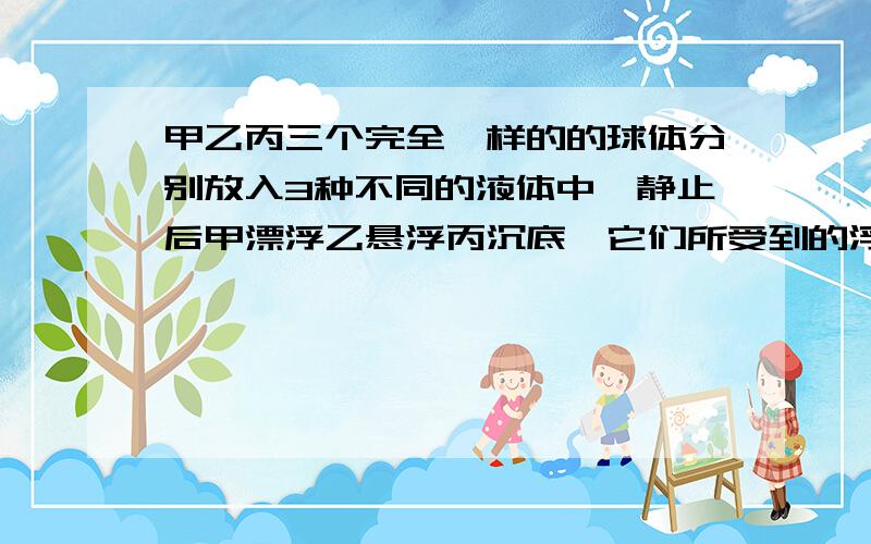 甲乙丙三个完全一样的的球体分别放入3种不同的液体中,静止后甲漂浮乙悬浮丙沉底,它们所受到的浮力分别是F甲、F乙、F丙,其