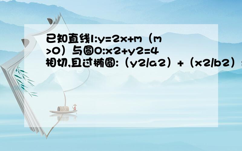 已知直线l:y=2x+m（m>0）与圆O:x2+y2=4相切,且过椭圆:（y2/a2）+（x2/b2）=1（a>b>0）