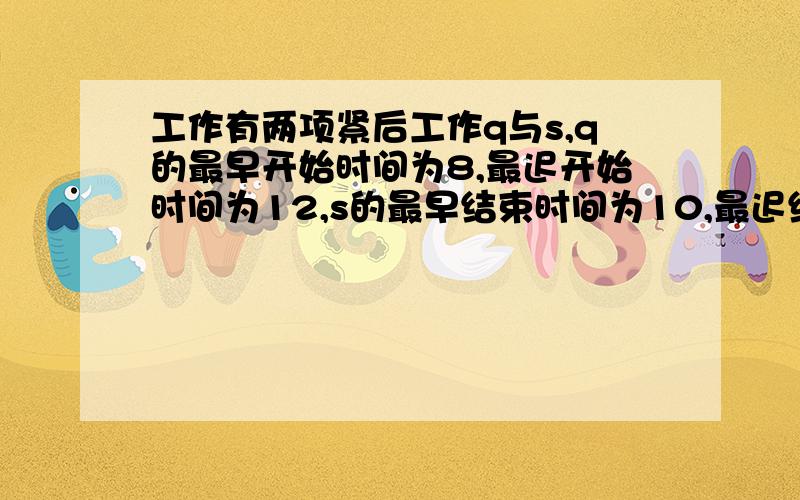 工作有两项紧后工作q与s,q的最早开始时间为8,最迟开始时间为12,s的最早结束时间为10,最迟结束时间为14