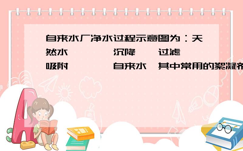 自来水厂净水过程示意图为：天然水———→沉降—→过滤—→吸附———→自来水,其中常用的絮凝剂是