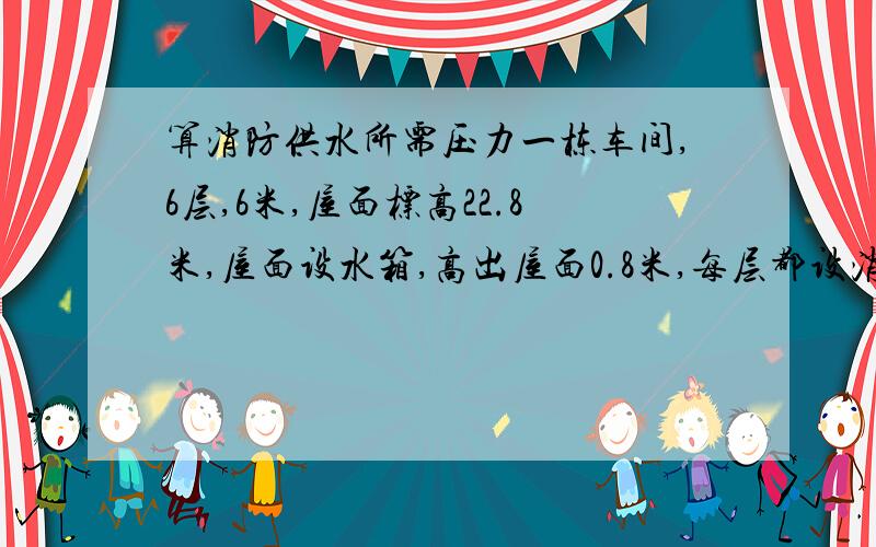 算消防供水所需压力一栋车间,6层,6米,屋面标高22.8米,屋面设水箱,高出屋面0.8米,每层都设消火栓,一层4个,室内