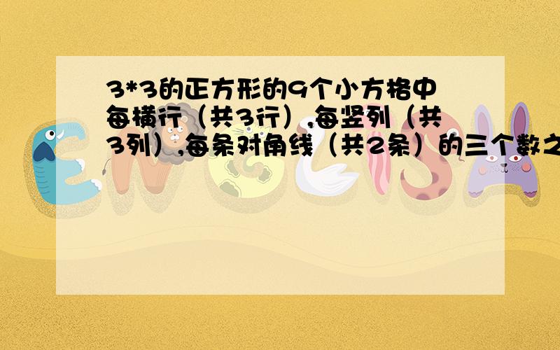 3*3的正方形的9个小方格中每横行（共3行）,每竖列（共3列）,每条对角线（共2条）的三个数之和都相等,