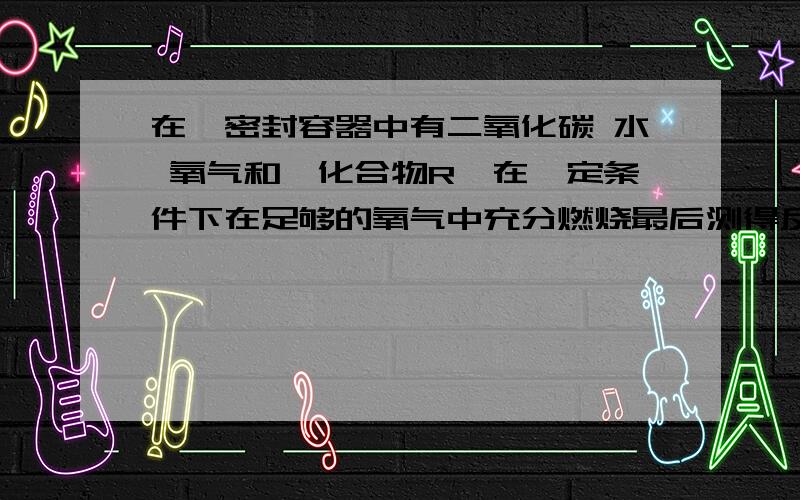 在一密封容器中有二氧化碳 水 氧气和一化合物R,在一定条件下在足够的氧气中充分燃烧最后测得反映前后各物