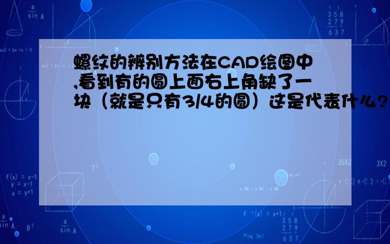 螺纹的辨别方法在CAD绘图中,看到有的圆上面右上角缺了一块（就是只有3/4的圆）这是代表什么?还有的是左下角缺了一块（整