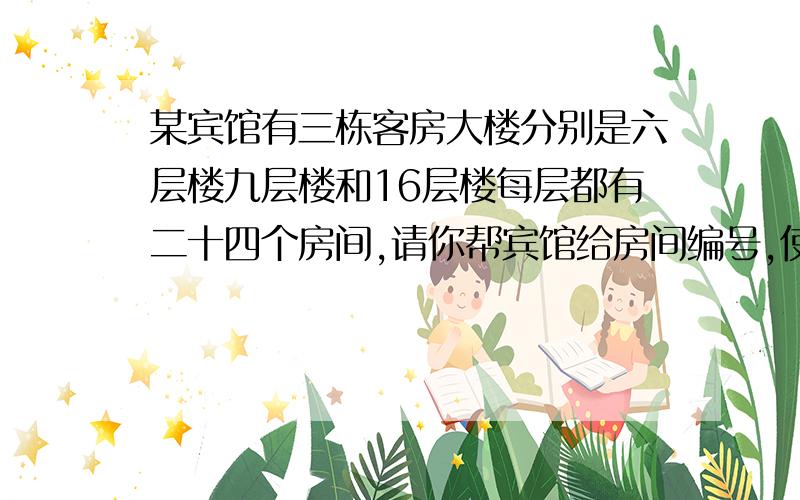 某宾馆有三栋客房大楼分别是六层楼九层楼和16层楼每层都有二十四个房间,请你帮宾馆给房间编号,使旅客