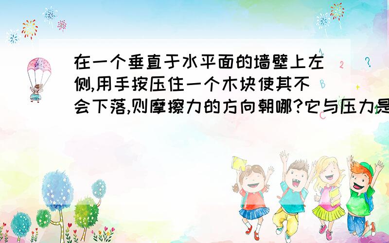 在一个垂直于水平面的墙壁上左侧,用手按压住一个木块使其不会下落,则摩擦力的方向朝哪?它与压力是平衡力还是相互作用力?（写