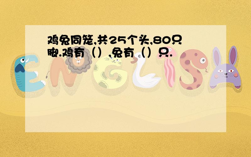 鸡兔同笼,共25个头,80只脚.鸡有（）,兔有（）只.