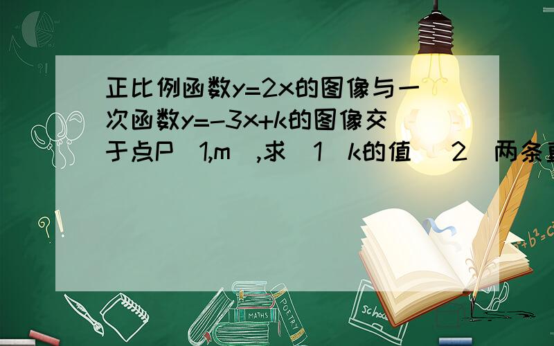 正比例函数y=2x的图像与一次函数y=-3x+k的图像交于点P（1,m）,求（1）k的值 （2）两条直线与x轴围成的