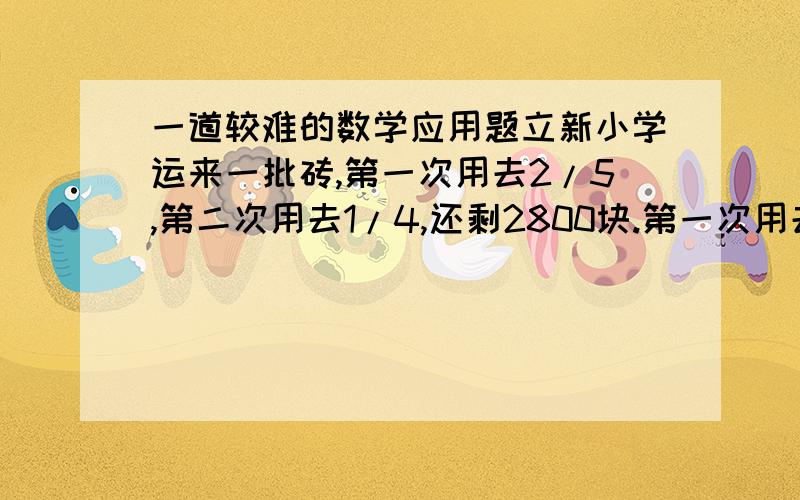 一道较难的数学应用题立新小学运来一批砖,第一次用去2/5,第二次用去1/4,还剩2800块.第一次用去多少块砖?