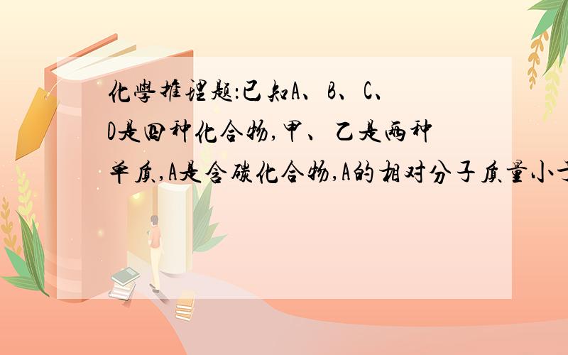 化学推理题：已知A、B、C、D是四种化合物,甲、乙是两种单质,A是含碳化合物,A的相对分子质量小于20……