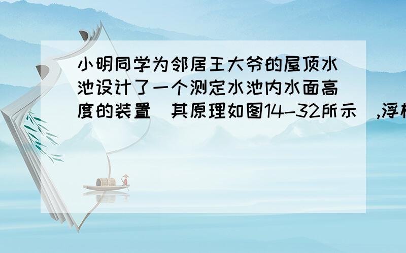 小明同学为邻居王大爷的屋顶水池设计了一个测定水池内水面高度的装置（其原理如图14-32所示）,浮标上升（或下降）的高度与