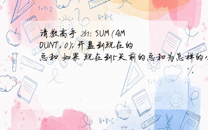 请教高手 zh:SUM(AMOUNT,0);开盘到现在的总和 如果 现在到5天前的总和为怎样的公式 非常感谢