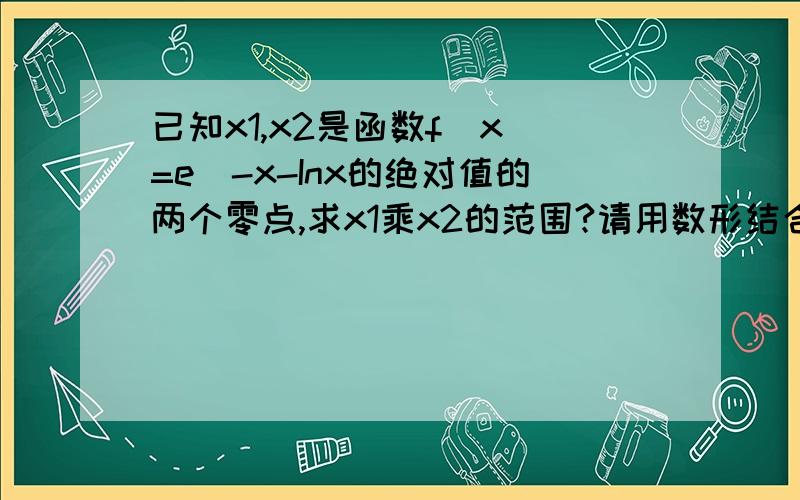 已知x1,x2是函数f(x)=e^-x-Inx的绝对值的两个零点,求x1乘x2的范围?请用数形结合做