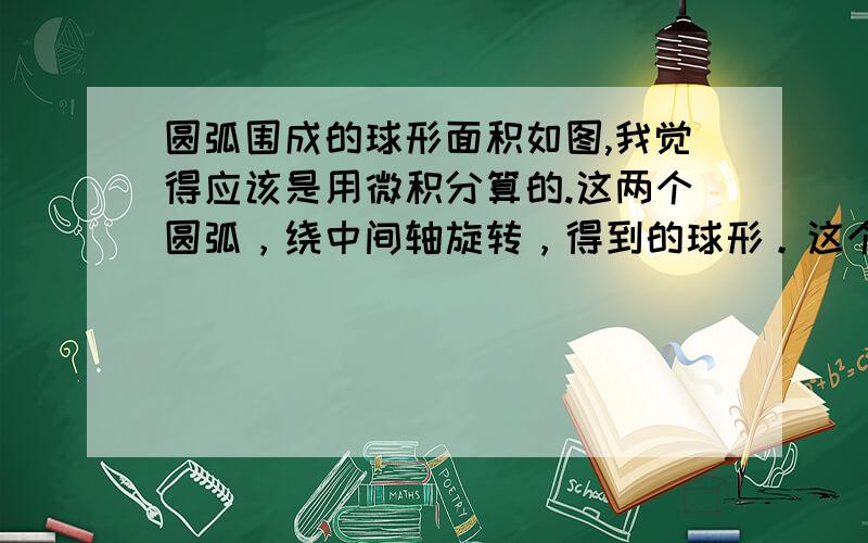 圆弧围成的球形面积如图,我觉得应该是用微积分算的.这两个圆弧，绕中间轴旋转，得到的球形。这个球形的表面积