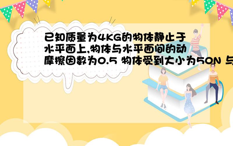 已知质量为4KG的物体静止于水平面上,物体与水平面间的动摩擦因数为0.5 物体受到大小为50N 与水平方向成37°角斜向