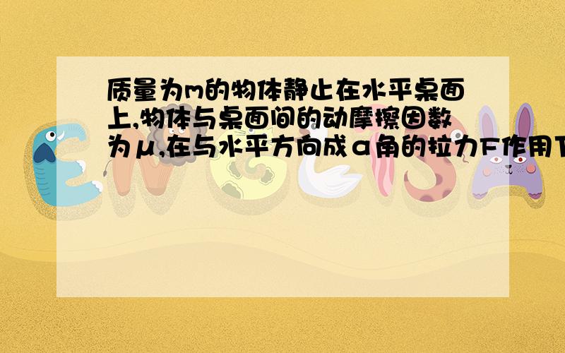 质量为m的物体静止在水平桌面上,物体与桌面间的动摩擦因数为μ,在与水平方向成α角的拉力F作用下运动了位移