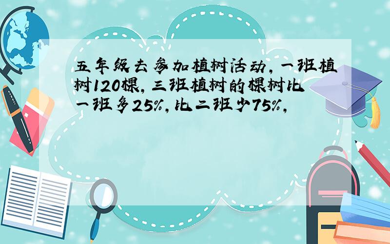 五年级去参加植树活动,一班植树120棵,三班植树的棵树比一班多25%,比二班少75%,