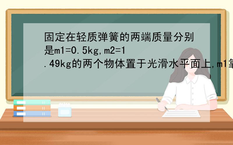 固定在轻质弹簧的两端质量分别是m1=0.5kg,m2=1.49kg的两个物体置于光滑水平面上,m1靠在光滑竖直墙上.现有