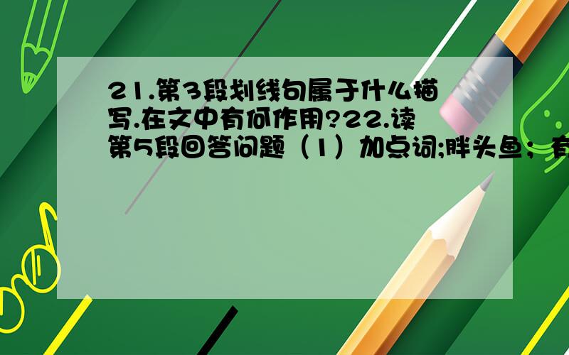 21.第3段划线句属于什么描写.在文中有何作用?22.读第5段回答问题（1）加点词;胖头鱼；有什么作用 （2）赏析段中划