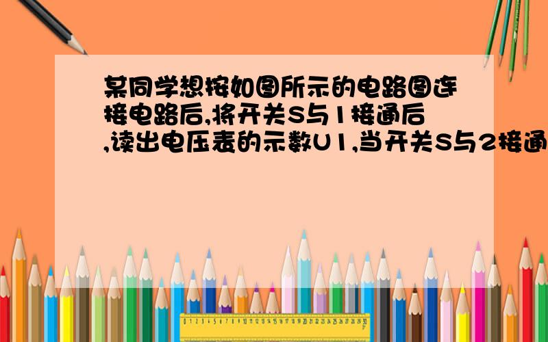 某同学想按如图所示的电路图连接电路后,将开关S与1接通后,读出电压表的示数U1,当开关S与2接通后,读出电压表的示数U2