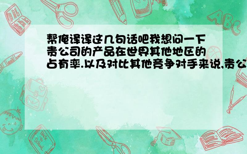 帮俺译译这几句话吧我想问一下贵公司的产品在世界其他地区的占有率.以及对比其他竞争对手来说,贵公司产品的质量和价格优势是怎