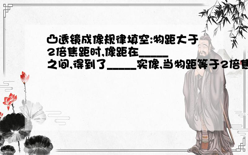 凸透镜成像规律填空:物距大于2倍焦距时,像距在_____之间,得到了_____实像,当物距等于2倍焦距时,像距_____